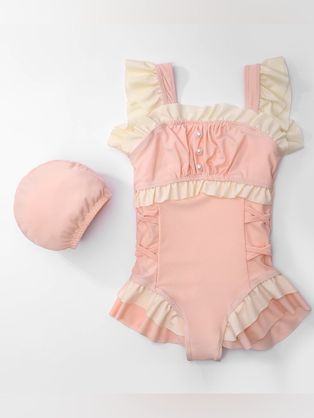 NWT Girls Pink Ruffle One-Piece Swimsuit with Swim Cap